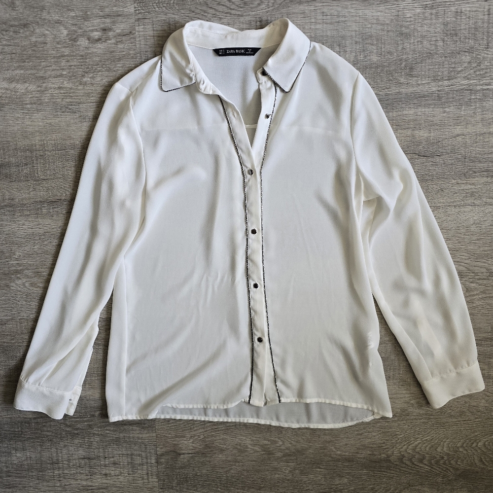 Zara White Satin Long Sleeve Blouse Silver Trim